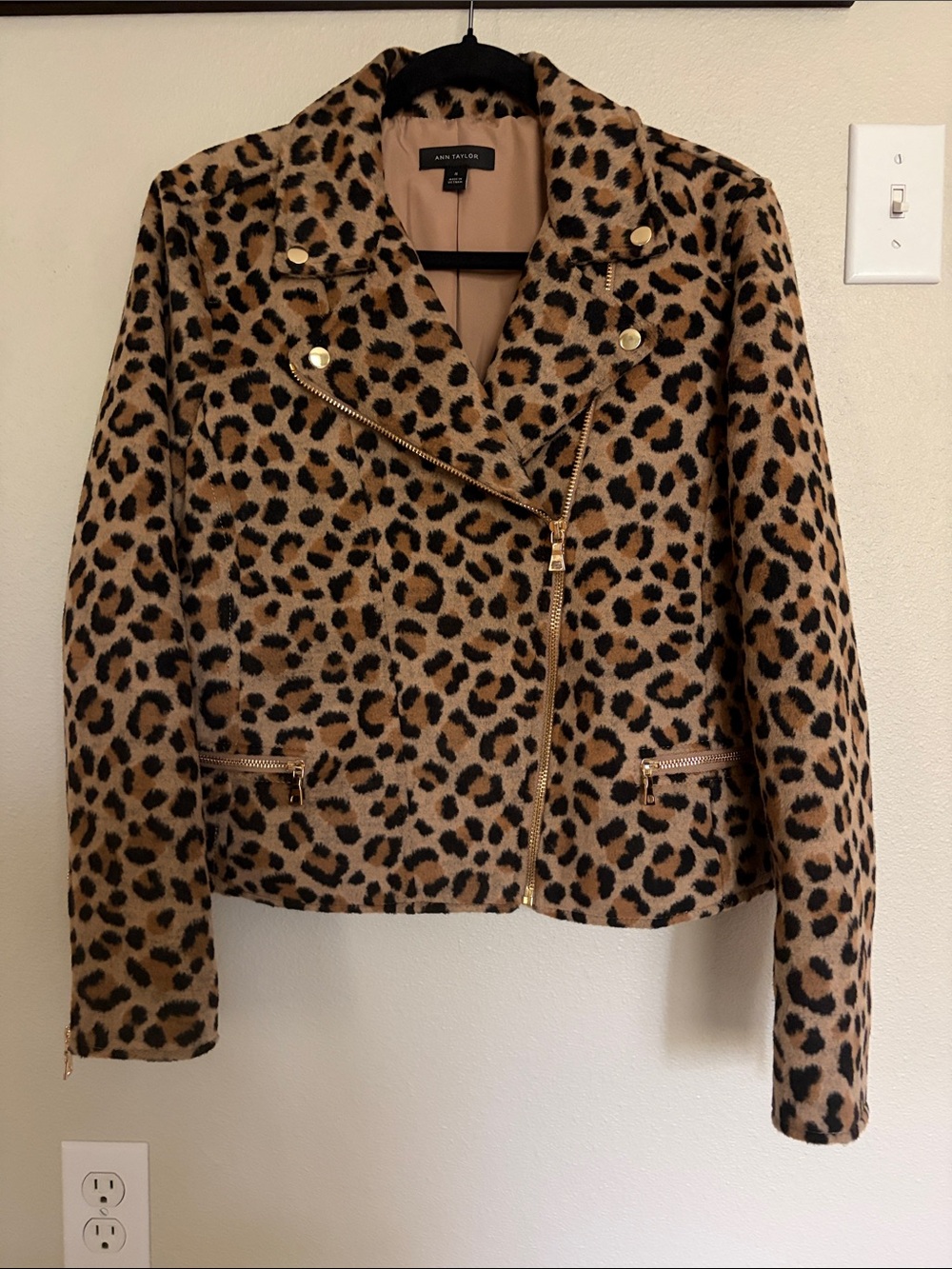 Ann Taylor Leopard-Print Moto Jacket in Tan and Black